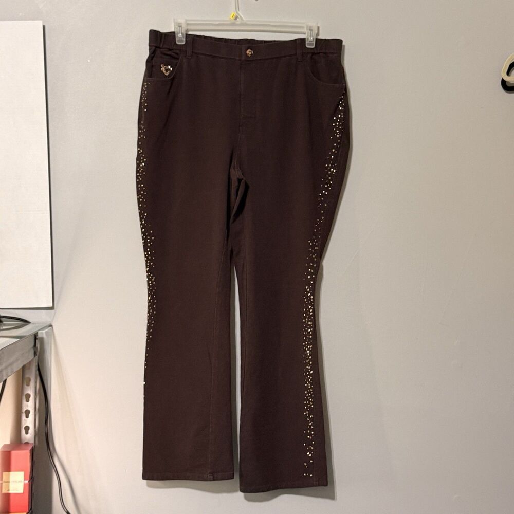 Quacker Factory DreamJeannes Brown Bootcut Jeans 1X Rhinestone Trim 39x31